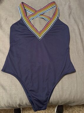 Rip Curl Navy One-Piece Swimsuit with Multicolor Striped V-Neck, low back, Large